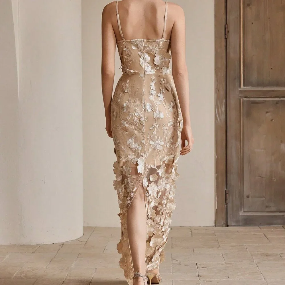 Champagne Elegant Women's French Luxury Floral Embroidery Mesh Camisole Dress